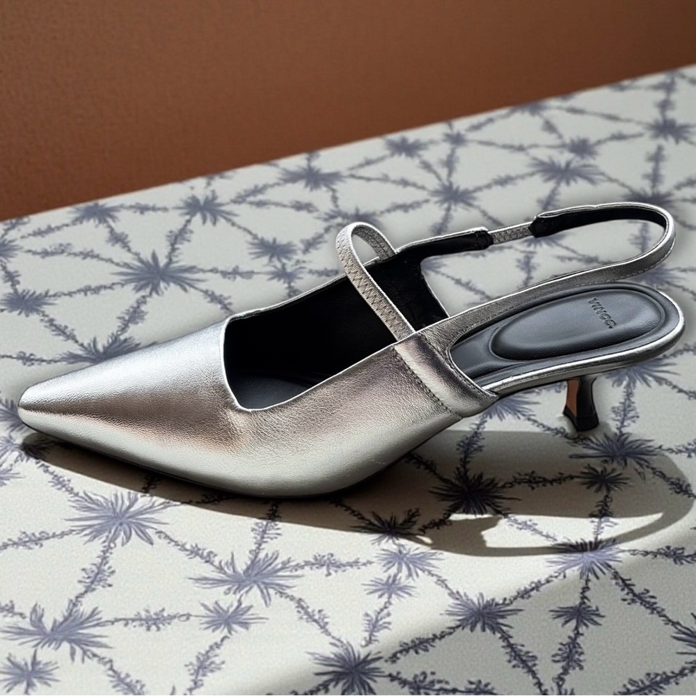 Vince Venice Metallic Slingback Pump Kitten Heel Silver Shoes - Picture 3 of 5